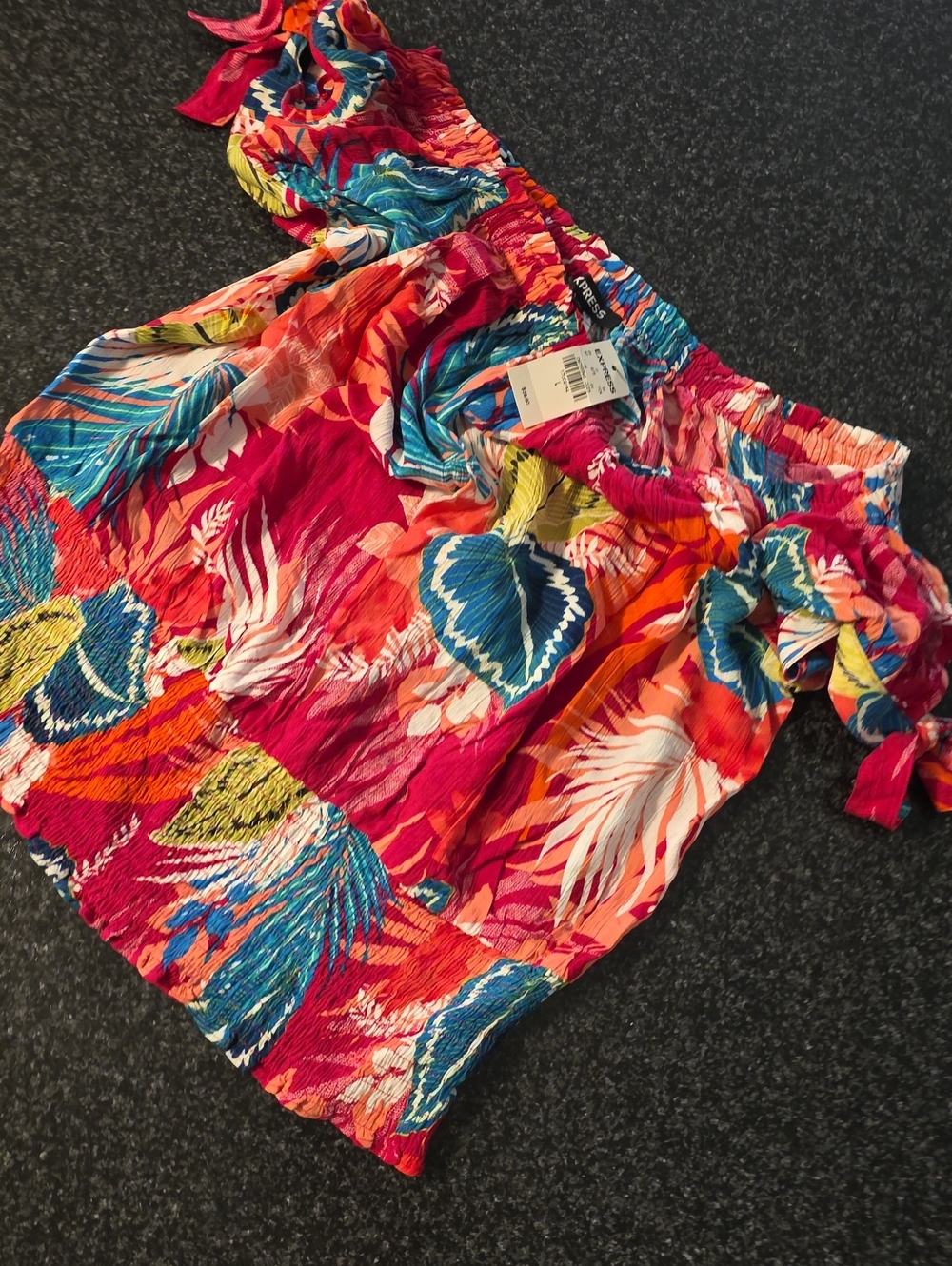 Express Tropical Print Off-Shoulder Top in Fuchsia, Blue & Yellow